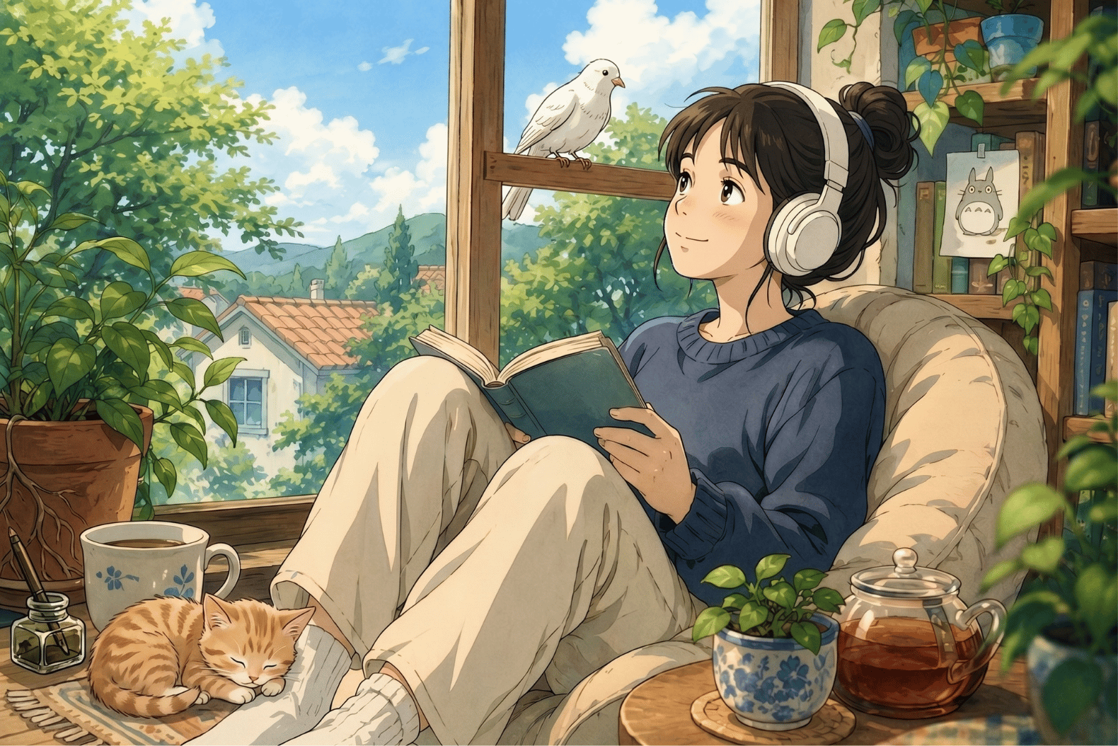 A person relaxing with headphones, reading and learning a language