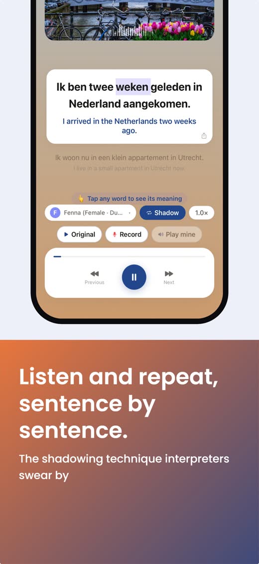 Learn Dutch Fast — Three-layer subtitles: Dutch, your own language, and word by word