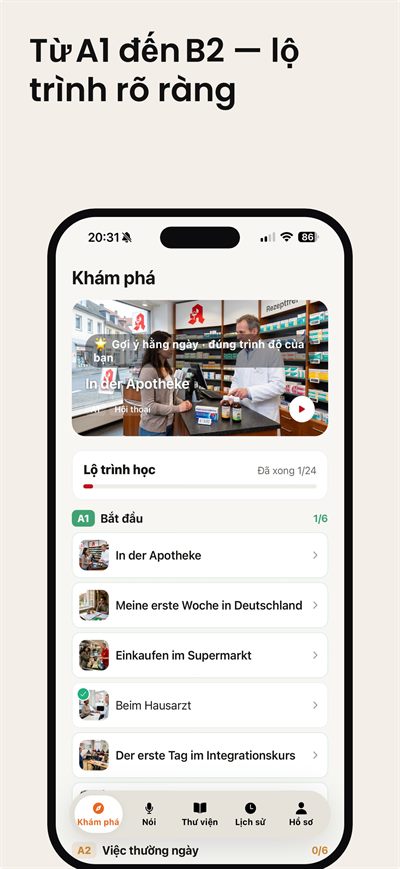 Learn German Fast — Chạm vào bất kỳ từ nào để có ngay giải thích, phát âm và ví dụ